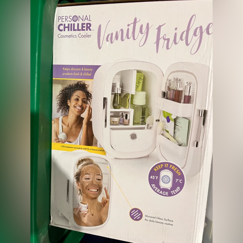 Personal vanity fridge with mirrored door, new never opened.